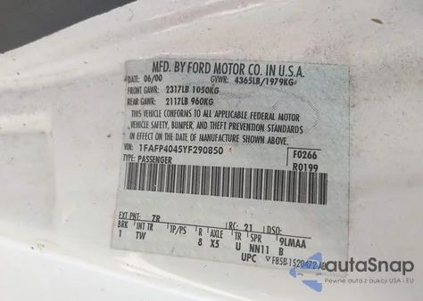 2000 Ford Mustang z USA, uszkodzony, nr VIN 1FAFP4045YF290850